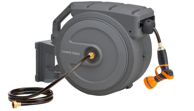 Giraffe Tools Metal Retractable Hose Reel 130 FT Wall Mounted Heavy Duty Hose Reel with 9 Pattern Nozzle 180 Deg Swivel, Metal Bracket Any Length Lock (1/2 130FT PRO, Dark Grey)