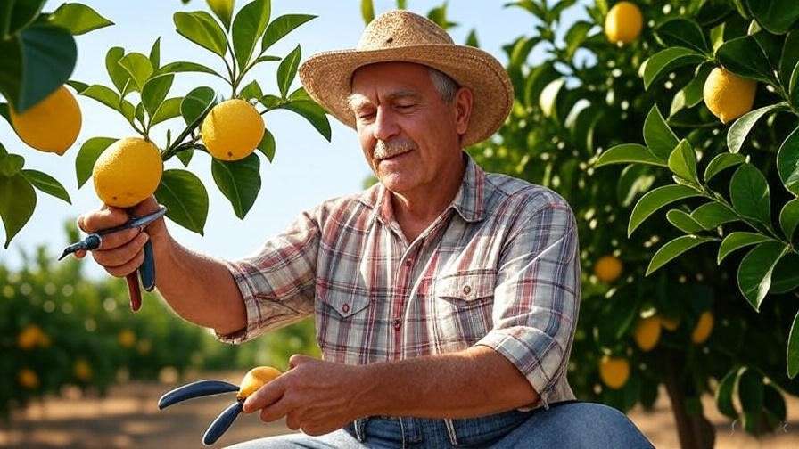 Farmer harvesting ripe organic lemons with pruning shears.