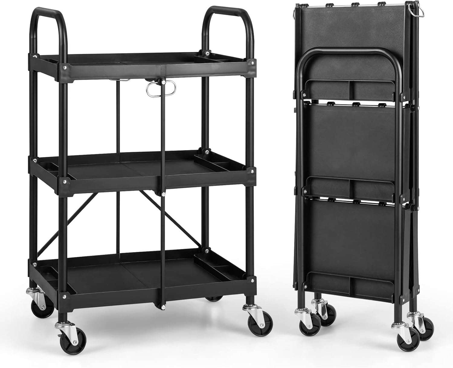 Goplus Folding Utility Cart on Wheels, 250lbs 3-Tier Rolling Tool Cart w/Lockable Casters & Compartments, Fast Fold up Collapsible Metal Service Cart for Office, Garage, Kitchen, Black 