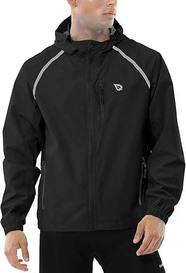 baleaf Men's Rain Jacket Waterproof Windbreaker Raincoat Running Cycling Hiking Gear Hood Lightweight Reflective Packable 