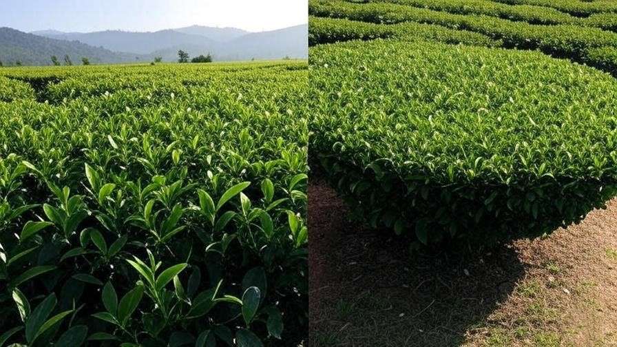 Side-by-side before-and-after shots of a tea bush—overgrown vs. neatly pruned in table-top style.