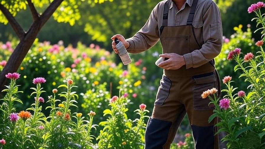 Gardener applying insect-repellent spray in UPF 50+ clothing amidst thorny plants in a sunny garden.