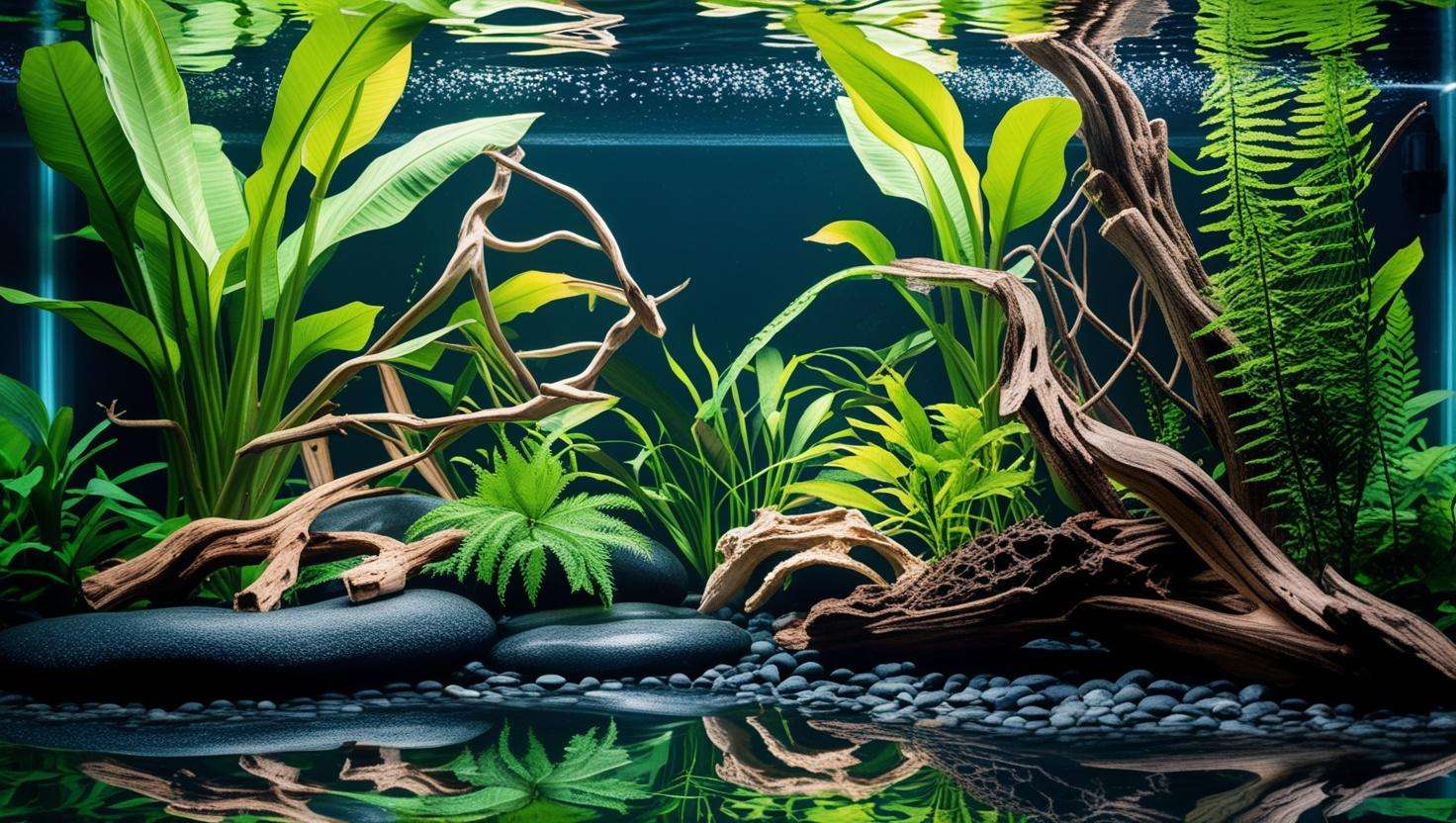 Aquarium aquascape with banana plants and driftwood