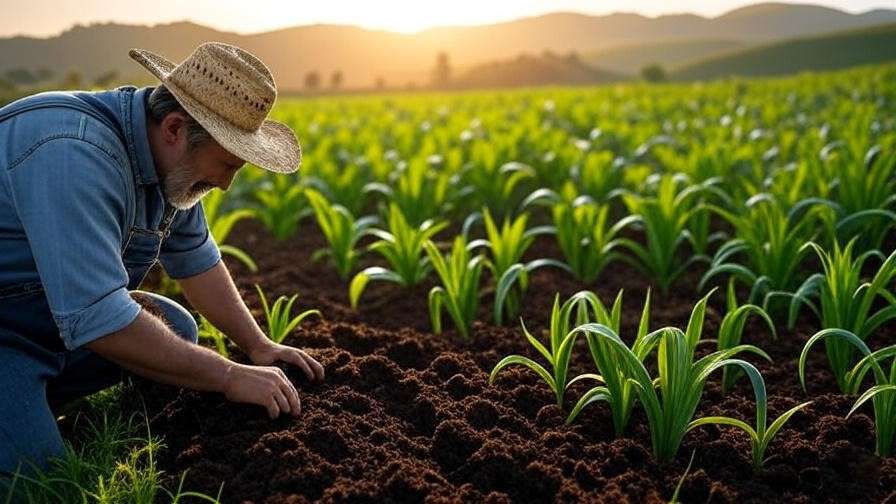 Farmer preparing rich organic soil with compost and cover crops in a lentil field at sunrise.
