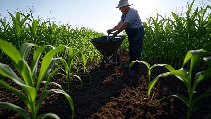 Farmer applying synthetic fertilizer to young corn plants in a field
