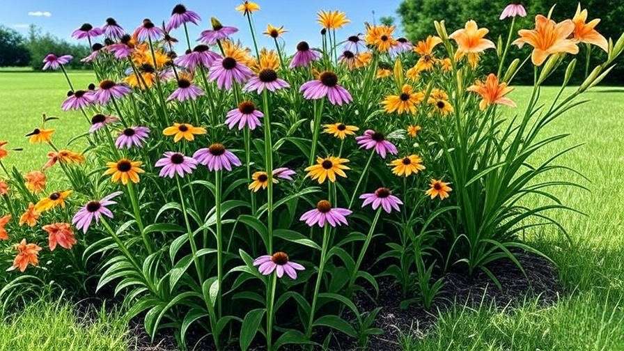 Vibrant Zone 5 perennials garden with coneflowers, black-eyed Susans, and daylilies in full bloom on a sunny day