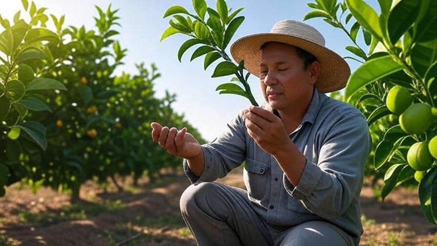 Farmer applying neem oil to organic lemon trees with beneficial insects.