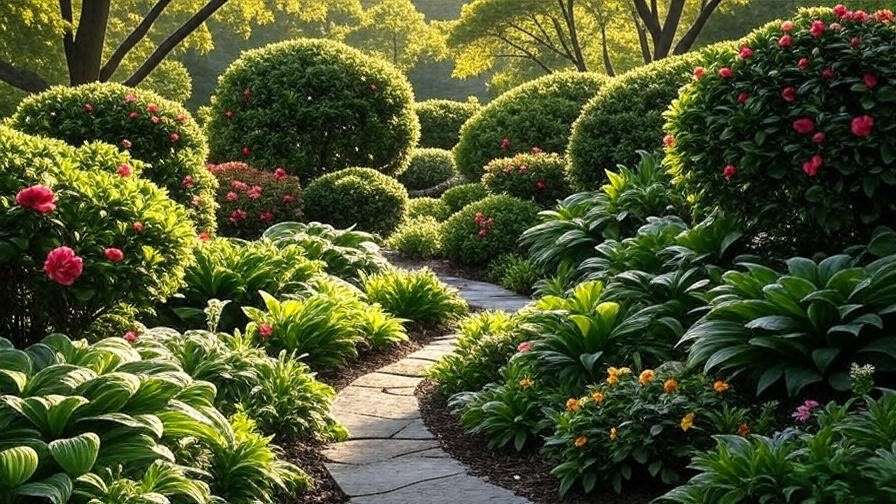 Panoramic view of a shaded garden with layered flowering shrubs and a stone path