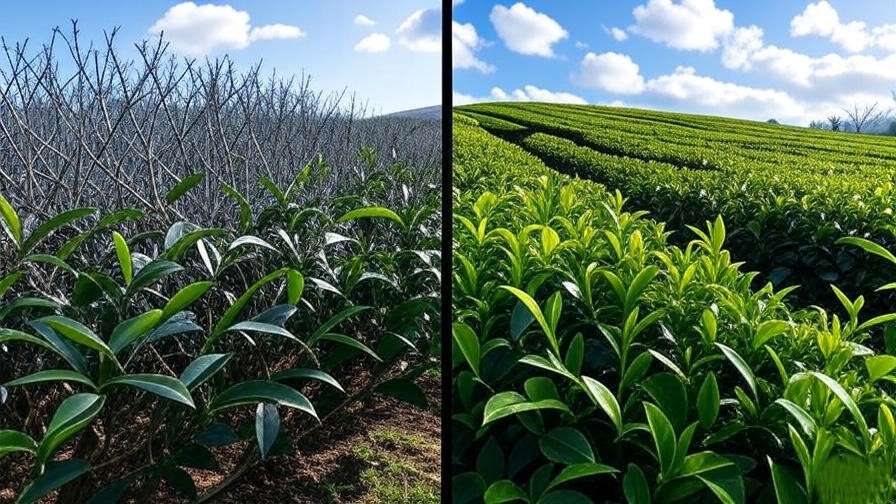 Split image: left half showing bare winter tea bushes, right half bursting with fresh green leaves under blue spring skies.