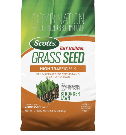 Scotts Turf Builder Grass Seed High Traffic Mix with Fertilizer and Soil Improver, Self-Repairs, 5.6 lbs.