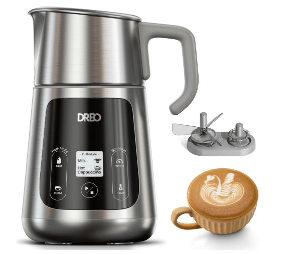 Dreo All-in-1 Milk Frother, Electric Foam Frother for Latte Art Microfoam and Coffee, 15oz/450ml Automatic Milk Warmer with 30 Drinks, Dishwasher Safe, Dairy/Plant-Based Milk