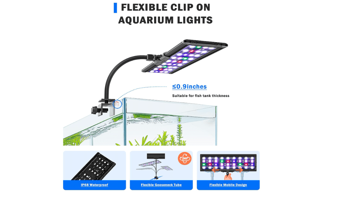 AQQA LED Aquarium Light, 24/7 Mode Clip on Fish Tank Light with Memory Function, DIY Mode Full Spectrum Aquarium Plant Light, Adjustable Timer/Brightness 