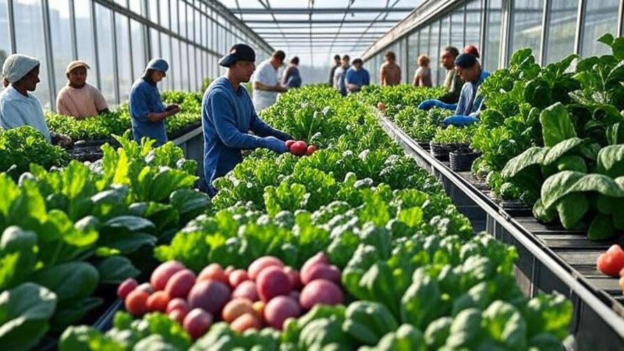 Thriving rooftop greenhouse farm with workers harvesting produce