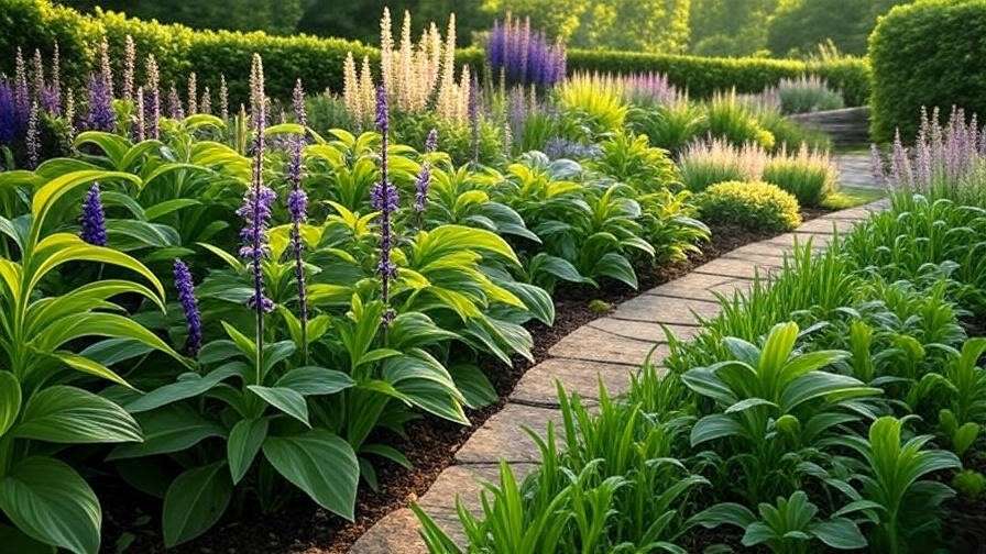 Well-planned Zone 7 garden with Salvia, Hosta, and Russian Sage in bloom stages.