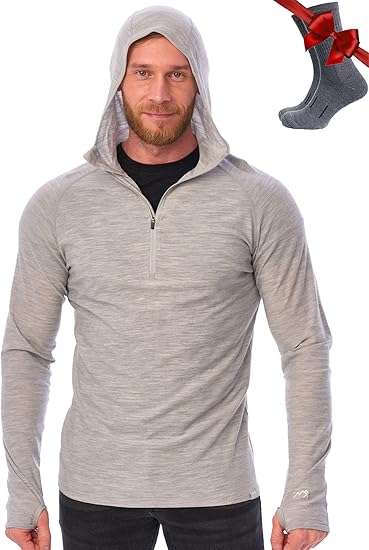 Merino.tech 100% Merino Wool Hoodie Men - Slim Fit Merino Wool Base Layer Mens Half Zip Thermal Long Sleeve Shirt and Socks 
