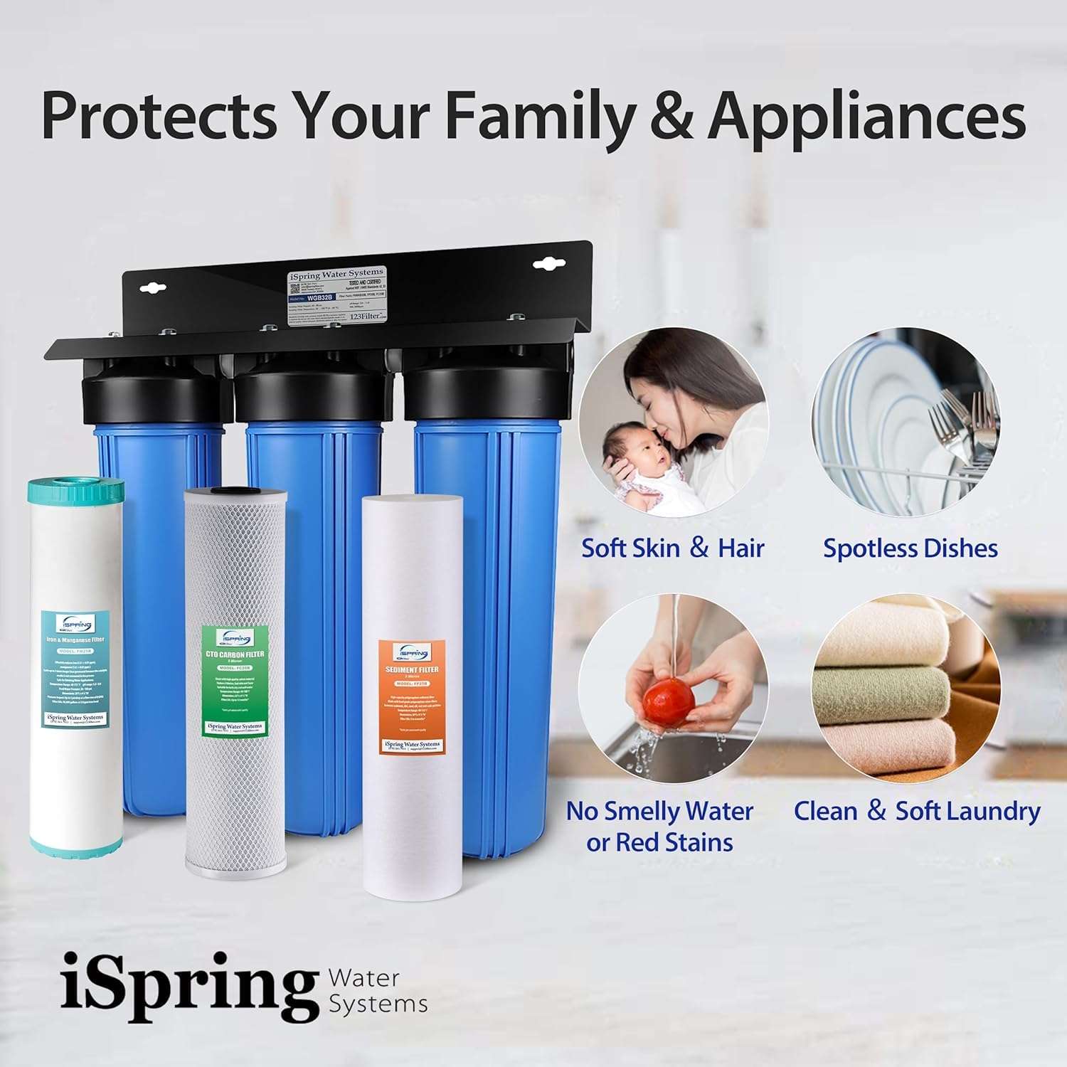 iSpring WGB32BM 3-Stage Whole House Water Filtration System (w/ 20” x 4.5” Sediment, Carbon, and Iron & Manganese Reducing Filters) w/ 3/4'' Push-Fit Braided Stainless Steel Hose Connectors 