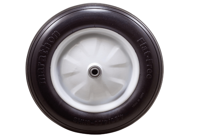 Marathon 4.80/4.00-8" Flat Free Wheelbarrow Tire on Wheel, 6" Centered Hub, 5/8" Ball Bearings, Ribbed Tread