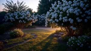 Serene garden at dusk with glowing white flower shrubs and bushes lining a stone path, creating a peaceful evening atmosphere.