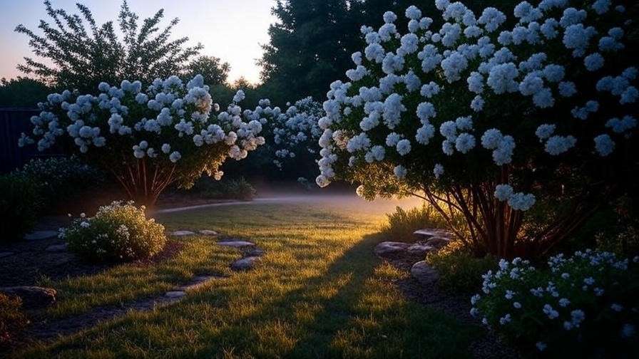 Serene garden at dusk with glowing white flower shrubs and bushes lining a stone path, creating a peaceful evening atmosphere.