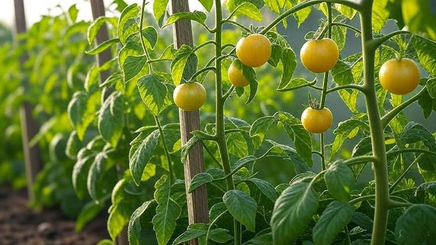 Row of staked yellow tomato plants with ripe fruits in a garden.