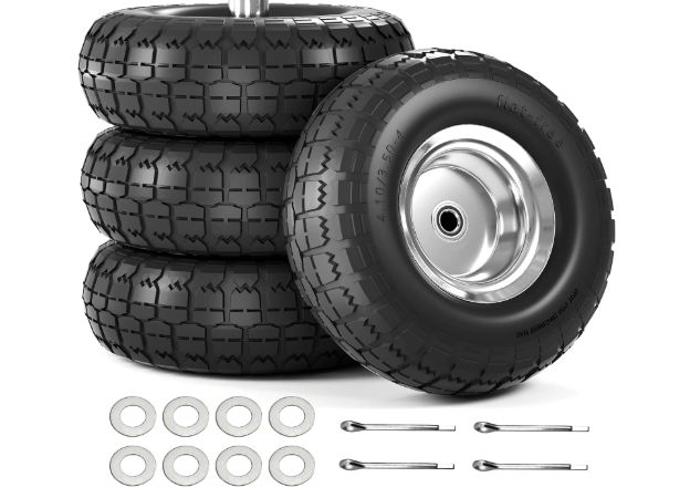 4.10/3.50-4 Tire and Wheel Flat Free, 10 Inch Solid Rubber Tire with 5/8”Axle Bore Hole and Double Sealed Bearings, for Dolly Wheels/Hand Truck Wheels/Dump Cart，4 Pack