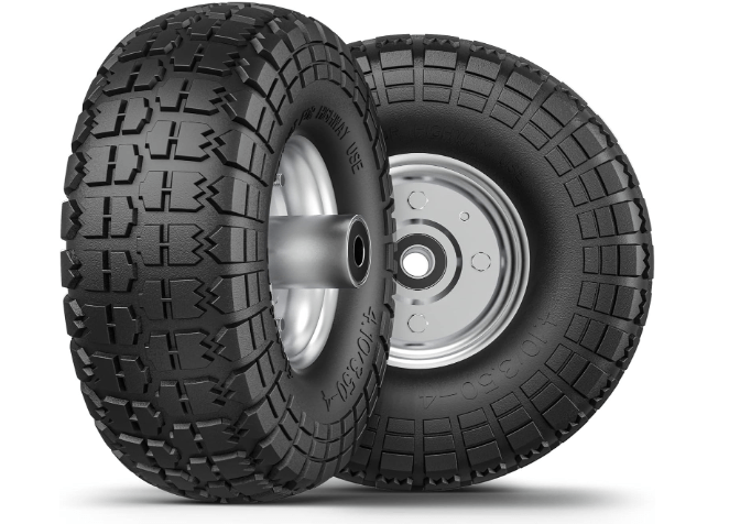 4.10/3.50-4 Tire and Wheel Flat Free, 10 Inch Solid Rubber Tires for Wheelbarrow with 5/8" Axle Bore Hole, 2 PCS Gorilla Cart Replacement Wheels Tires for Garden Cart Lawn Cart Wagon Generator