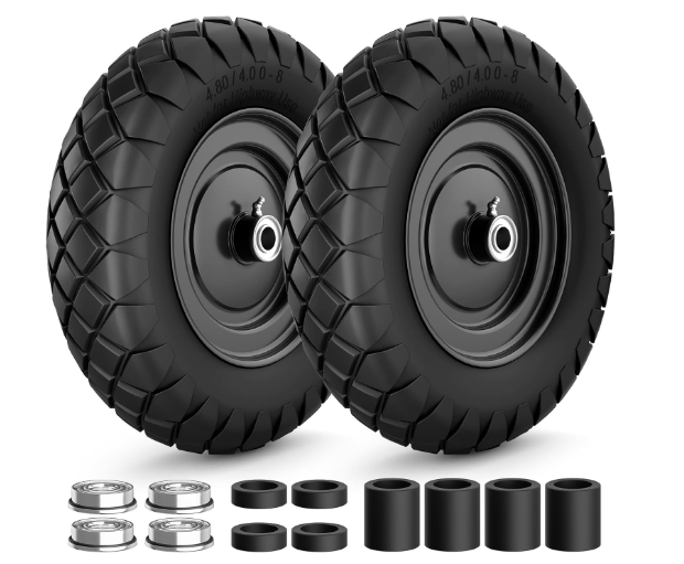 4.80/4.00-8 Flat Free Tire and Wheel, 16" Solid Wheelbarrow Tires 4.80/4.00-8 for Wheelbarrows and Garden Trailer, 5/8" and 3/4" Bearings, 14" - 16" Universal Wheelbarrow Wheel, 2Pack Black, 400Lbs