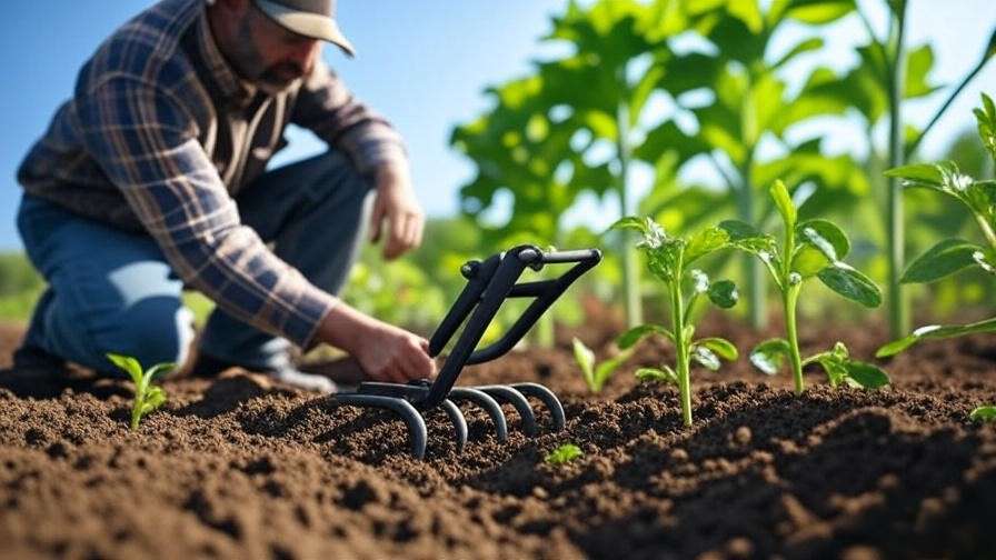 Farmer inspecting handheld soil cultivator in garden with aerated soil and plants
