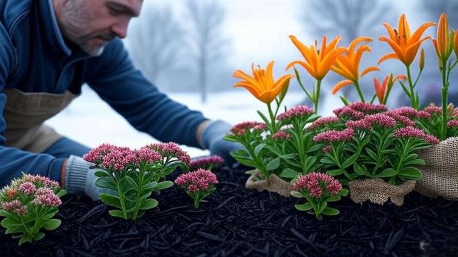 Gardener mulching sedum and daylilies with burlap for winter protection in Zone 6