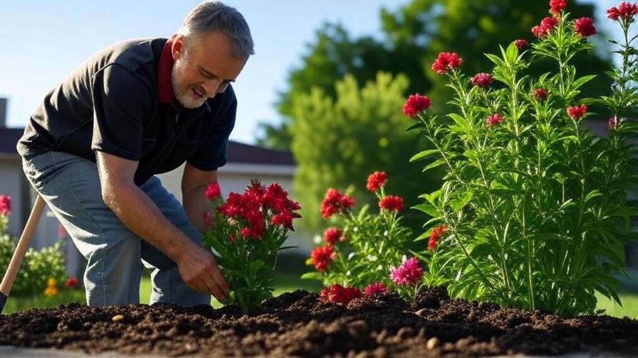 Gardener planting a red perennial with soil and mulch in a sunny garden.