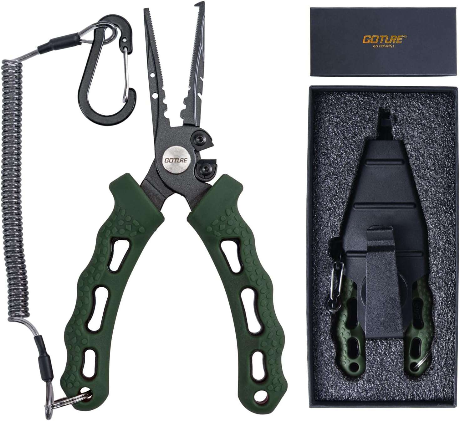 Goture Fishing Pliers, Saltwater Line Cutter with Split Ring Pliers, Fishing Hook Remover, Corrosion Resistant Fishing Needle Nose Pliers with Sheath Lanyard, Fishing Gear Gifts for Men 