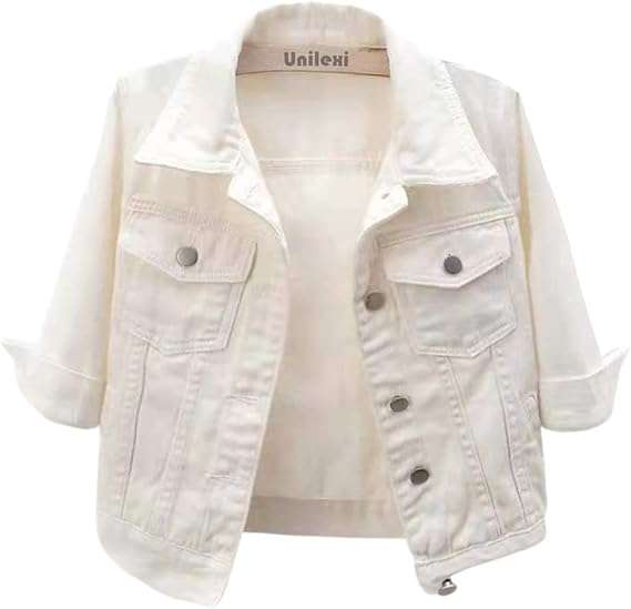 Unilexi Women's 3/4 Sleeve Colored Cropped Denim Jacket Light Wash Short Jean Jacket Trucker Coat