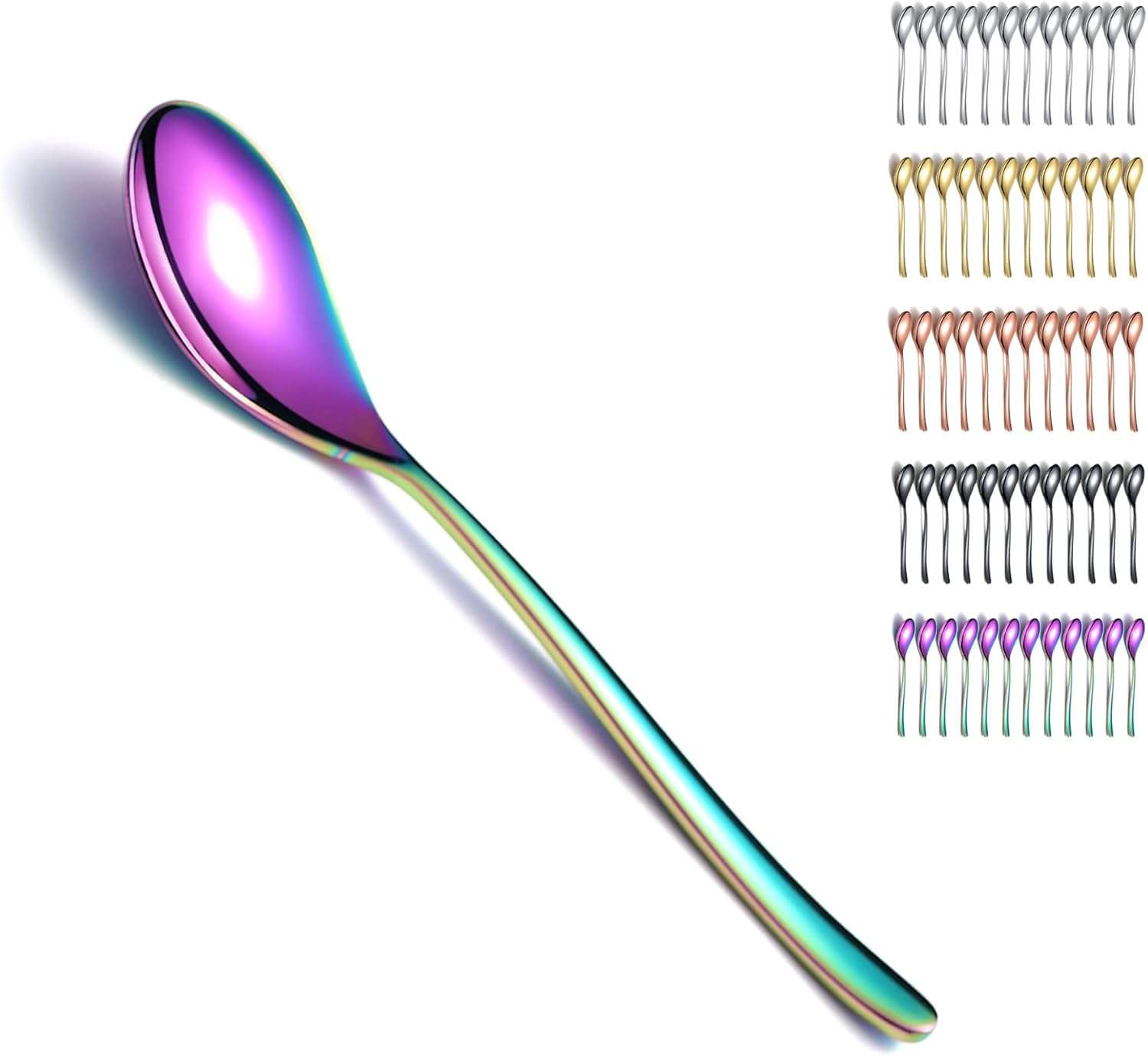 Kyraton Dinner Rainbow Spoons Set of 12 Pieces, 8" Titanium Colorful Plating Stainless Steel Table and Soup Spoons, Silverware Set, Dishwasher Safe