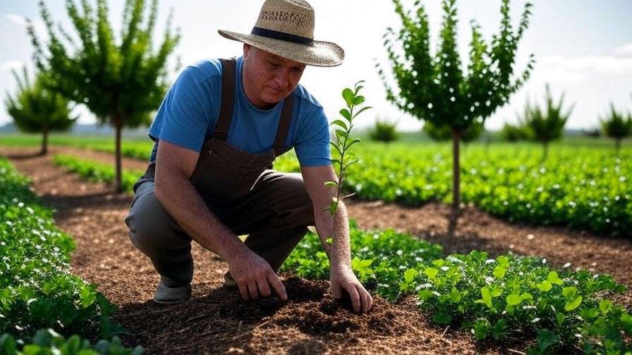 Farmer planting prune trees with mulch and cover crops in an organic orchard.