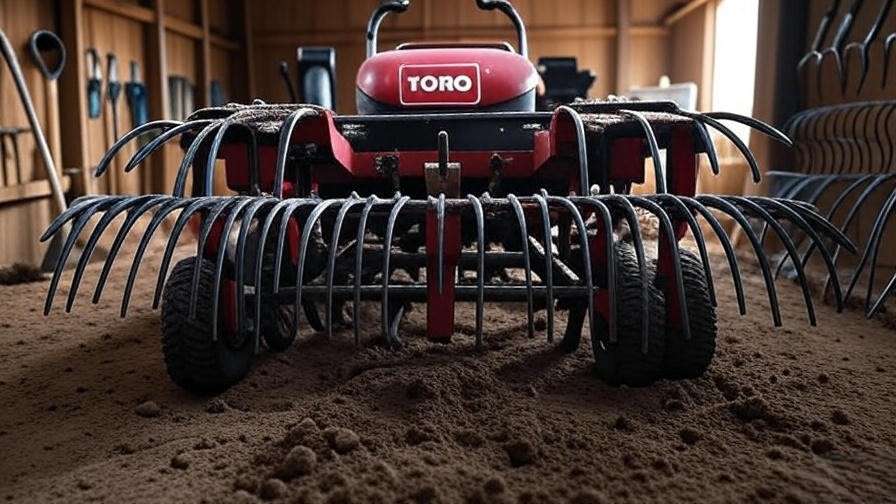 Toro soil cultivator being inspected in a garden shed with tools