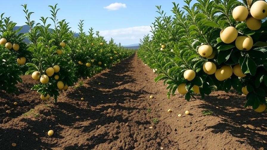 Healthy winter banana apple trees in a well-prepared orchard under clear skies