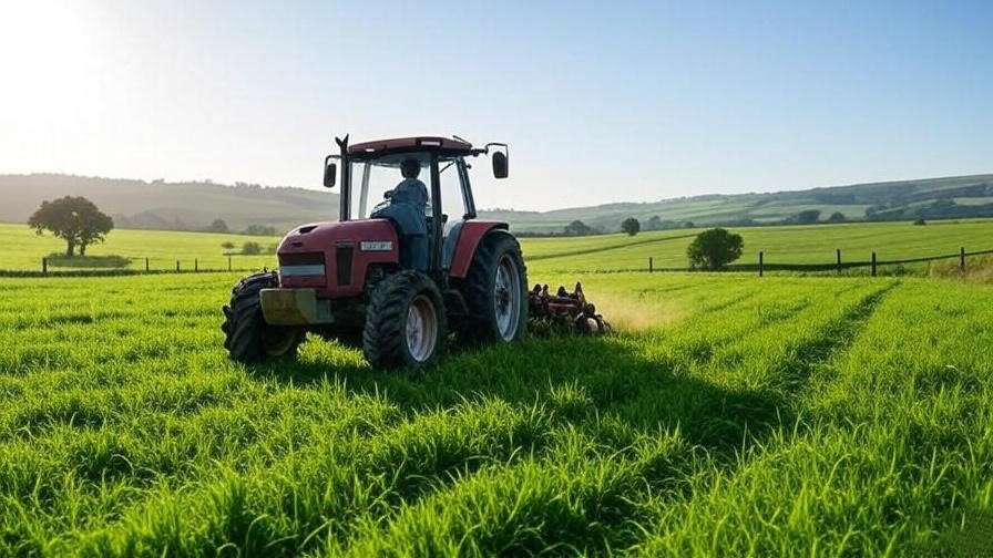 Compact tractor plowing lush green field on small farm under clear sky.
