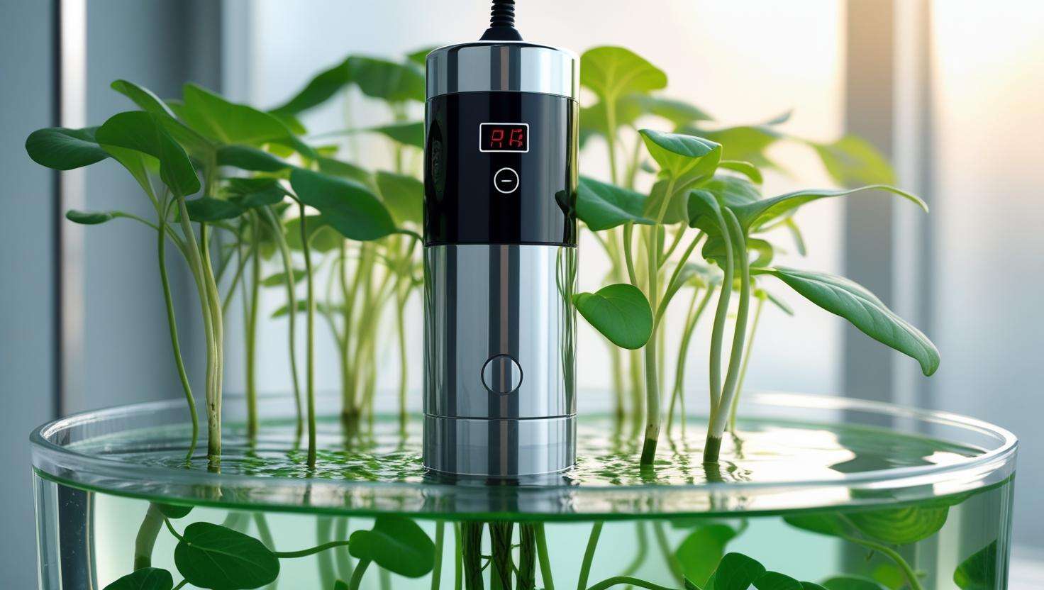 Submersible hydroponic DWC heater in clear water with healthy plant roots in a modern setup