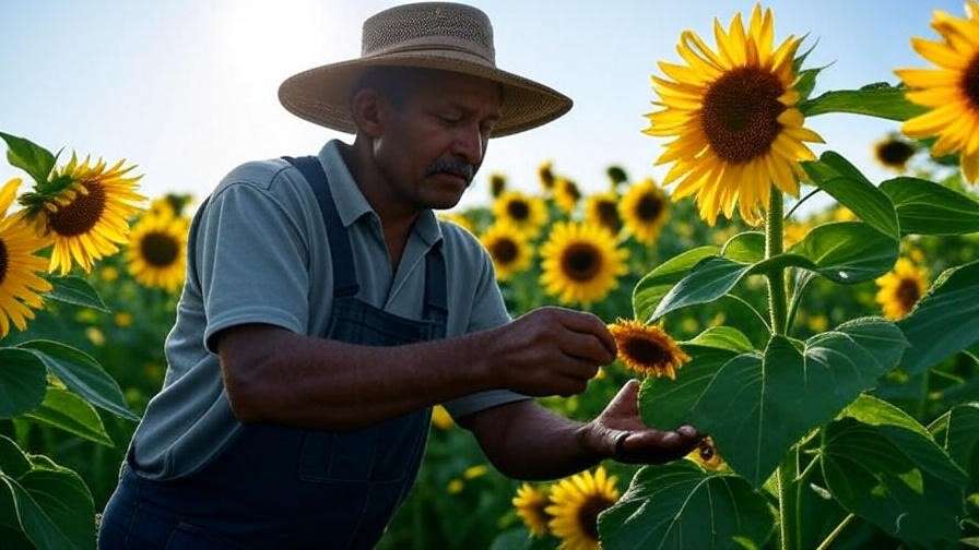 Farmer using neem oil on sunflowers with ladybugs for organic pest control.