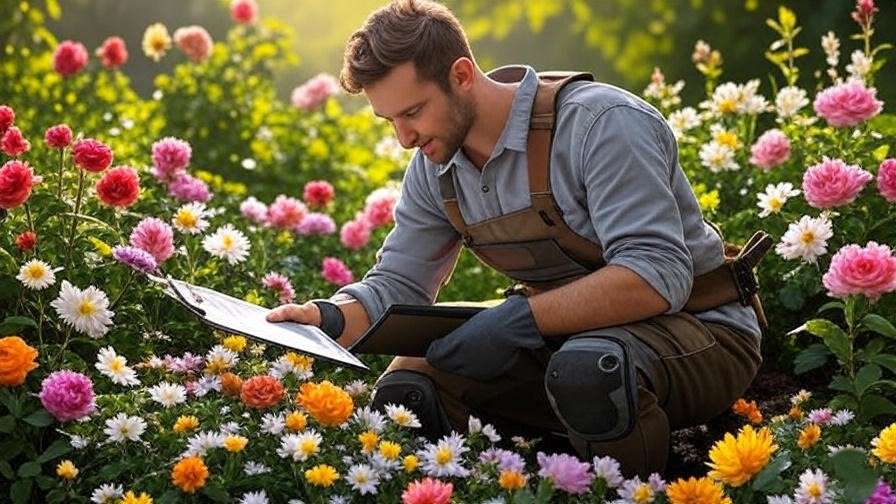 Gardener with thorn-resistant sleeves and knee pads using a checklist in a flower bed.