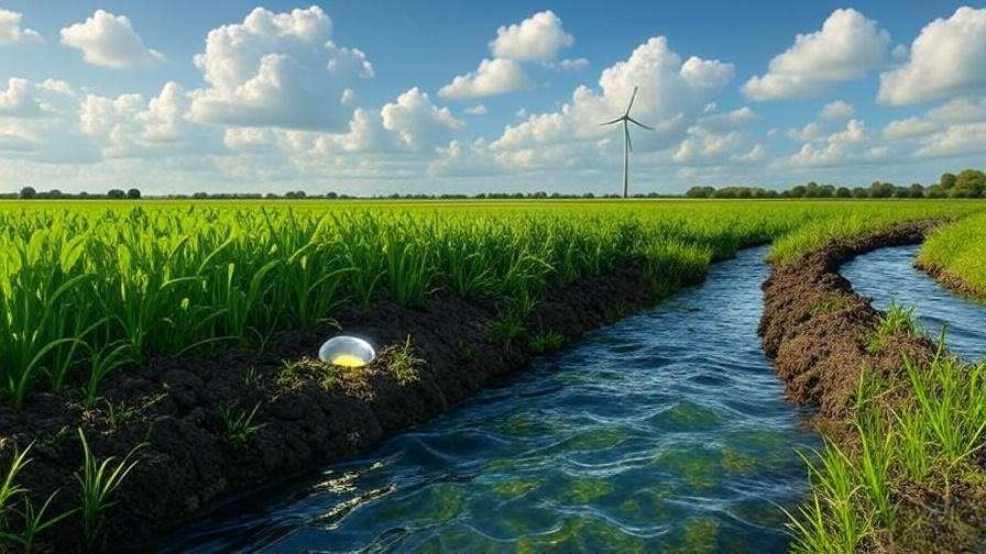 A serene agricultural landscape with a crystal-clear stream running alongside a vibrant green field of crops