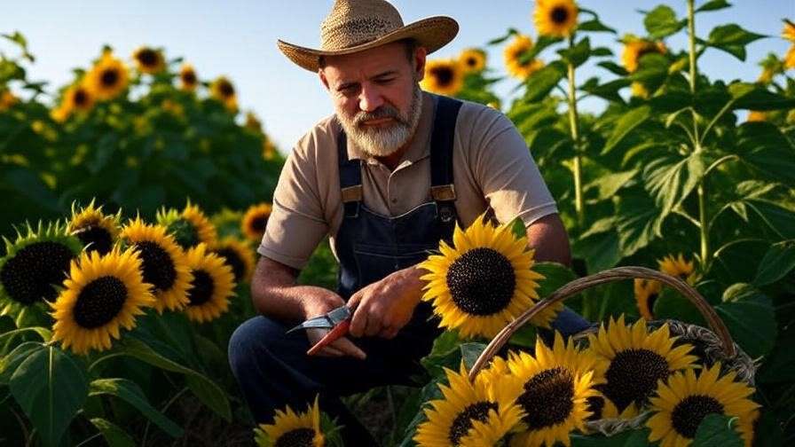 Farmer harvesting organic sunflowers with pruning shears and basket.