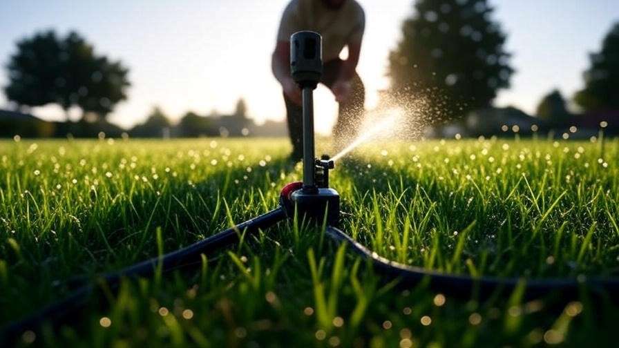 Person using oscillating sprinkler on new grass seed lawn at sunrise with even water distribution