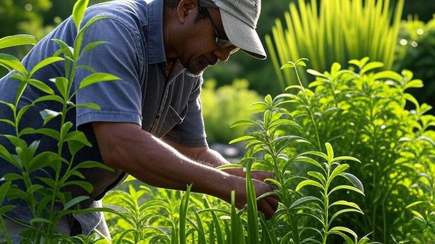 Gardener maintaining a Maryland native garden with Wild Ginger and Switchgrass, free of invasive plants