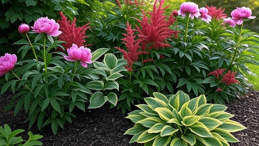 Designed Zone 6 garden with peonies, hostas, and astilbe in a shaded, mulched layout