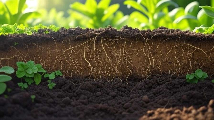 Healthy aerated soil with roots and earthworms in a lush garden setting