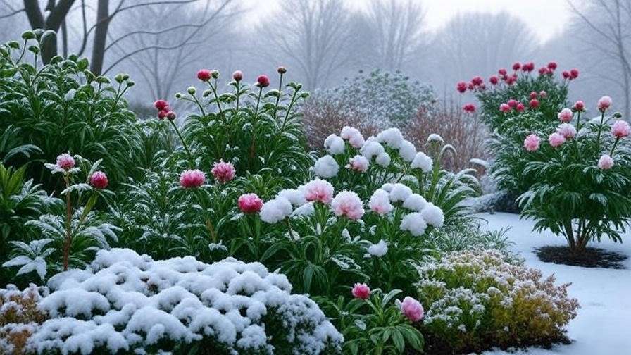 Winterized Zone 5 garden with mulched peonies and sedum under a light snow cover