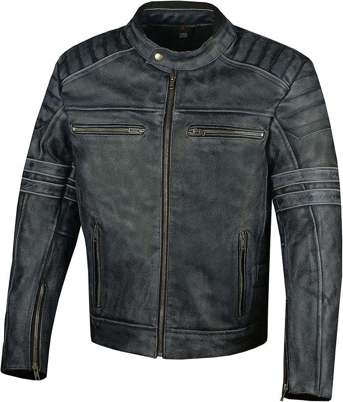 SHADOW Men's Motorcycle Jacket, Distressed Cowhide Leather, CE Armor - Vintage High Visibility Motorbike Rider XXL