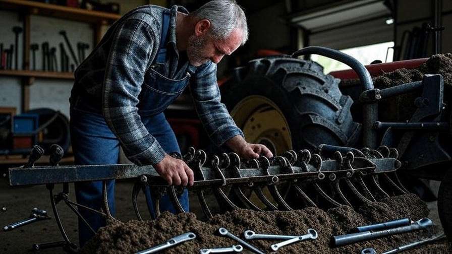 Farmer inspecting soil cultivator attachment blades in a garage.
