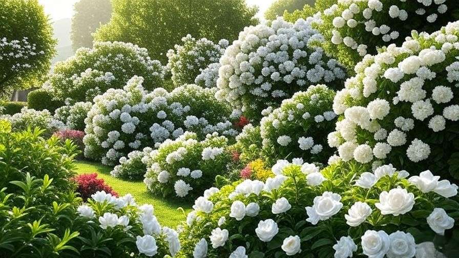 Lush garden with blooming white flower shrubs and bushes, including Gardenias and Hydrangeas, in a sunny backyard setting
